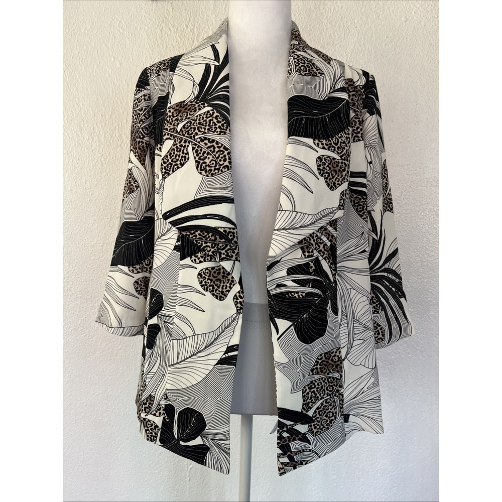 Chicos Botanical Print Mid Length 3/4 Sleeve Open Front Jacket SZ 1 Chicos 8/10